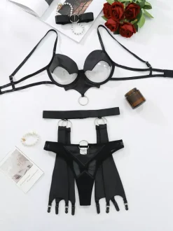 Ensembles de lingerie sexy avec soutien-gorge découpé et culotte noire 3 pièces pour adultes