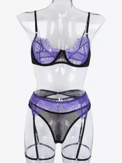 Ensembles de lingerie violets et noirs en dentelle contrastée soutien-gorge à armatures et porte-jarretelles