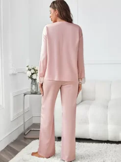 Ensembles de pyjama Lingerie d'intérieur en dentelle bicolore rose soyeuse
