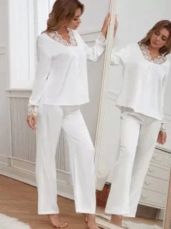 Ensembles de pyjama Lingerie d'intérieur en dentelle bicolore rose soyeuse