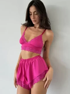 Ensembles De Pyjama Lingerie D'intérieur En Dentelle Rose Soutien-Gorge Short