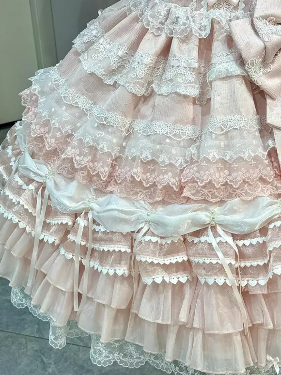 Ensembles de robes Sweet Lolita roses à volants dentelle et n艙uds avec cape