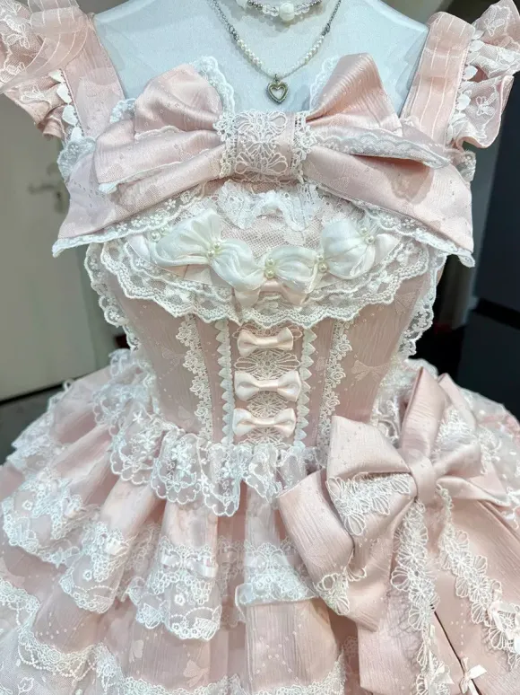 Ensembles de robes Sweet Lolita roses à volants dentelle et n艙uds avec cape