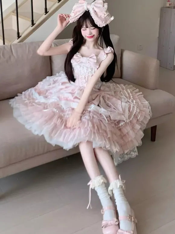 Ensembles de robes Sweet Lolita roses à volants dentelle et n艙uds avec cape