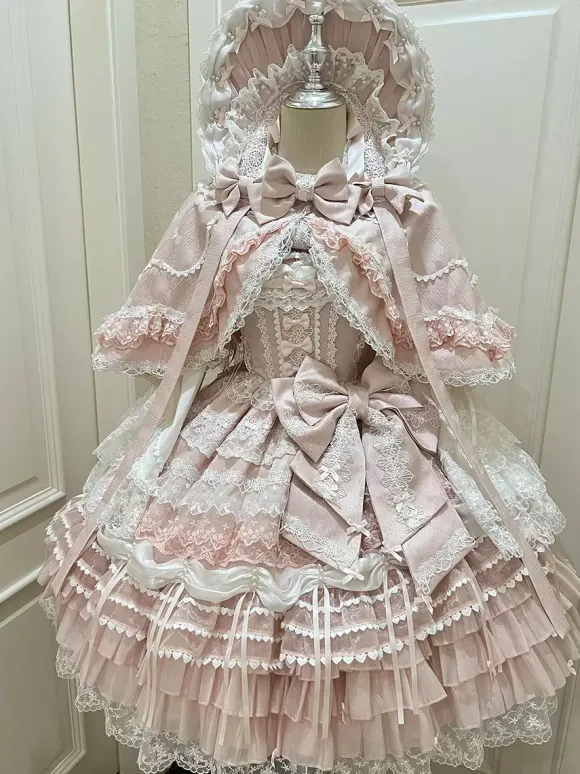 Ensembles de robes Sweet Lolita roses à volants dentelle et n艙uds avec cape
