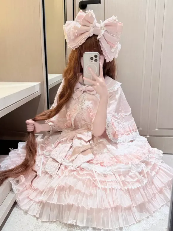 Ensembles de robes Sweet Lolita roses à volants dentelle et n艙uds avec cape