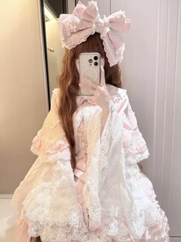 Ensembles de robes Sweet Lolita roses à volants dentelle et n艙uds avec cape