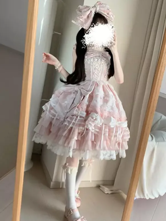 Ensembles de robes Sweet Lolita roses à volants dentelle et n艙uds avec cape