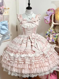 Ensembles de robes Sweet Lolita roses à volants dentelle et n艙uds avec cape