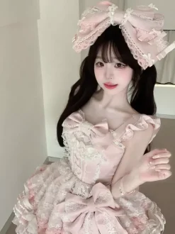 Ensembles de robes Sweet Lolita roses à volants dentelle et n艙uds avec cape