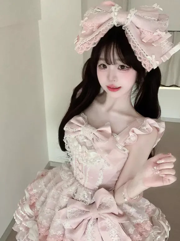 Ensembles de robes Sweet Lolita roses à volants dentelle et n艙uds avec cape