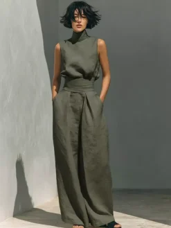 Ensembles deux pièces : pantalon et robe maxi écru blanc à col montant sans manches élégants