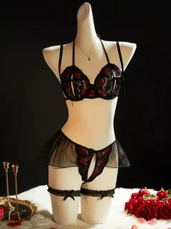 Ensembles soutien-gorge et culotte noirs bicolores en dentelle avec n艙uds.