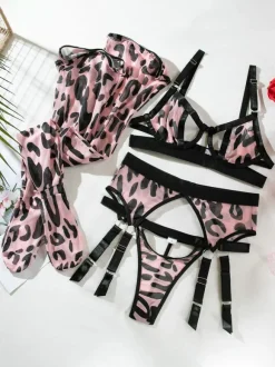 Ensembles Culottes Soutien-Gorge Léopard Rose Noir Lingerie Sexy 4 Pièces Femme