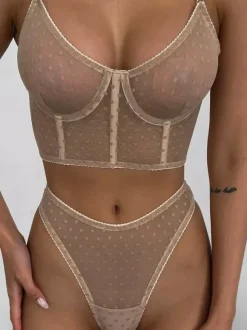 Ensembles de culottes de soutien-gorge en dentelle noire à pois transparents 2 pièces lingerie sexy pour adultes