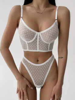Ensembles de culottes de soutien-gorge en dentelle noire à pois transparents 2 pièces lingerie sexy pour adultes