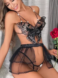 Ensembles de culottes de soutien-gorge noir découpés en polyester irrégulier lingerie pour adultes