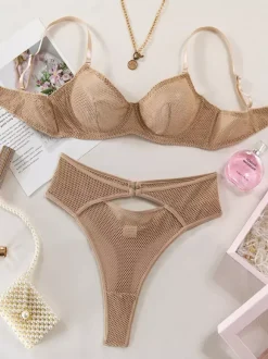 Ensembles de lingerie 2 pièces : soutien-gorge et culotte kaki transparents