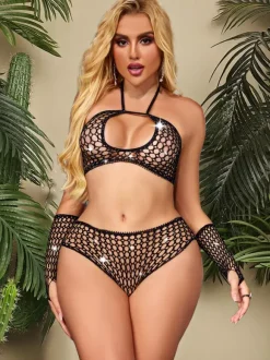 Ensembles de lingerie 2 pièces : soutien-gorge et culotte bikini en résille noire transparente ornée de strass et de cristaux.