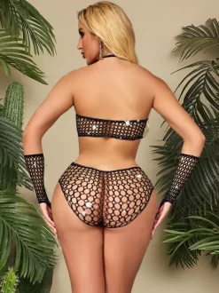 Ensembles de lingerie 2 pièces : soutien-gorge et culotte bikini en résille noire transparente ornée de strass et de cristaux.