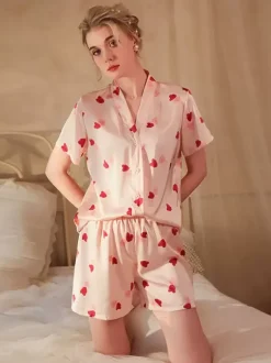Ensembles de pyjama Lingerie d'intérieur rose en soie