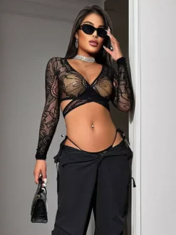 Ensembles de pyjamas noirs ajourés lingerie décontractée pour tous les jours