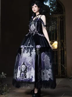 Ensembles de robes Gothic Lolita à lacets fleurs squelette et croix haut noir et jupe longue