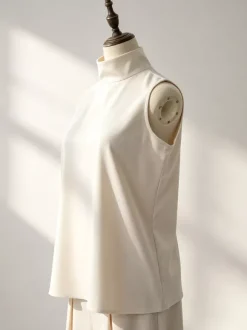 Ensembles deux pièces : pantalon et robe maxi écru blanc à col montant sans manches élégants