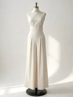 Ensembles deux pièces : pantalon et robe maxi écru blanc à col montant sans manches élégants