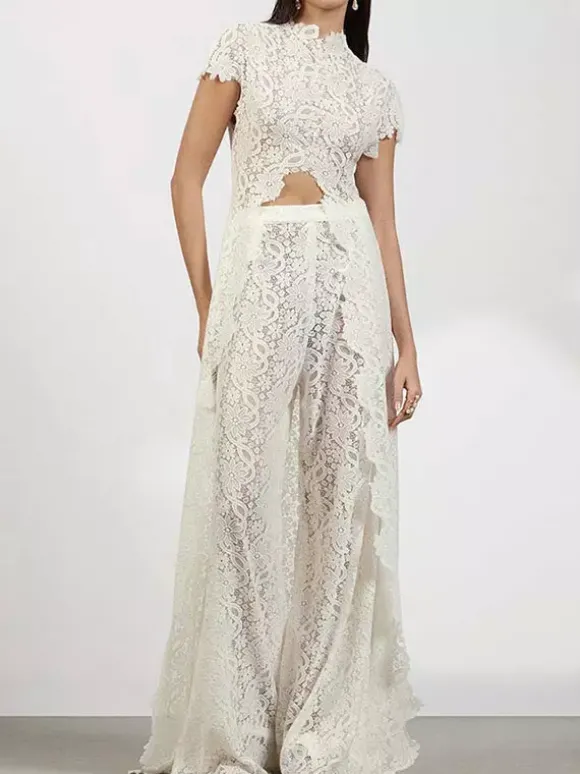 Ensembles deux pièces : pantalon robe maxi blanc tenue de villégiature col rond manches illusion manches courtes