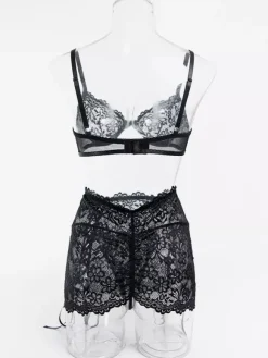 Ensemble soutien-gorge et culotte 3 pièces noir à lacets et imprimé floral transparent
