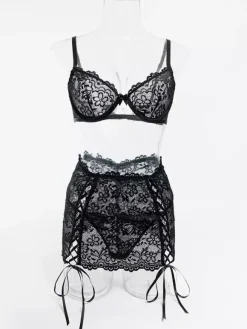 Ensemble soutien-gorge et culotte 3 pièces noir à lacets et imprimé floral transparent