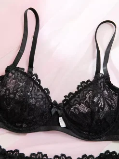 Ensemble soutien-gorge et culotte 3 pièces noir à lacets et imprimé floral transparent