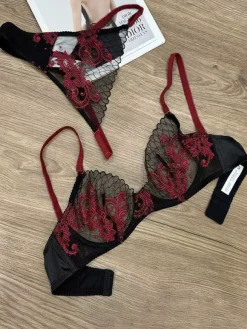 Ensemble soutien-gorge et culotte deux pièces en dentelle transparente bordeaux à broderies florales