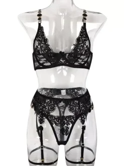 Ensemble soutien-gorge et culotte brodés en métal lingerie sexy 3 pièces avec porte-jarretelles