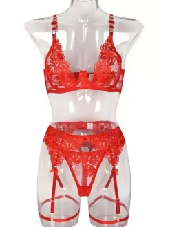 Ensemble soutien-gorge et culotte brodés en métal lingerie sexy 3 pièces avec porte-jarretelles