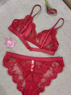 Ensemble soutien-gorge et culotte deux pièces en dentelle rouge transparente