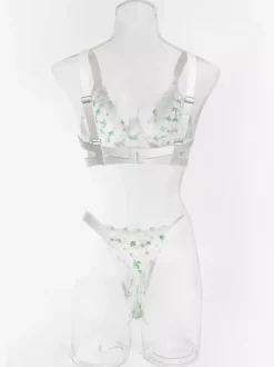 Ensemble soutien-gorge et culotte deux pièces en dentelle transparente à imprimé floral vert