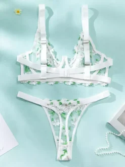 Ensemble soutien-gorge et culotte deux pièces en dentelle transparente à imprimé floral vert