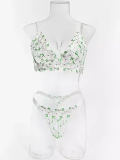 Ensemble soutien-gorge et culotte deux pièces en dentelle transparente à imprimé floral vert