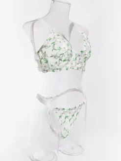 Ensemble soutien-gorge et culotte deux pièces en dentelle transparente à imprimé floral vert
