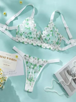 Ensemble soutien-gorge et culotte deux pièces en dentelle transparente à imprimé floral vert