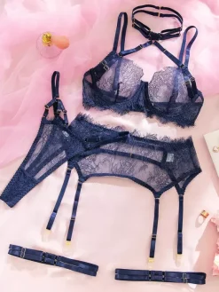 Ensemble soutien-gorge et culotte 3 pièces en dentelle florale bleu marine foncé à bretelles croisées