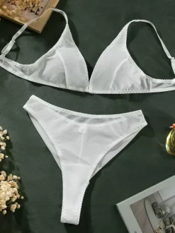Ensemble soutien-gorge et culotte 2 pièces en lingerie noire transparente à bretelles réglables