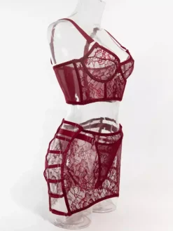 Ensemble soutien-gorge et culotte 3 pièces bordeaux à lacets et imprimé floral transparent