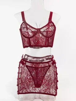 Ensemble soutien-gorge et culotte 3 pièces bordeaux à lacets et imprimé floral transparent