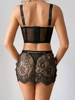 Ensemble soutien-gorge et culotte 3 pièces bordeaux à lacets et imprimé floral transparent