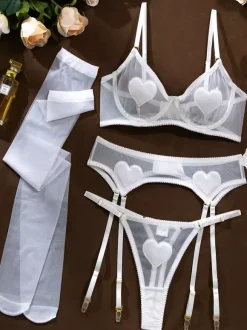 Ensemble soutien-gorge et culotte en dentelle rouge sexy pour femme 4 pièces.