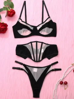 Ensemble soutien-gorge et culotte en maille géométrique noire transparente bicolore 3 pièces.