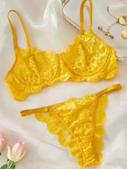 Ensemble soutien-gorge et culotte 2 pièces en dentelle jaune transparente à lacets